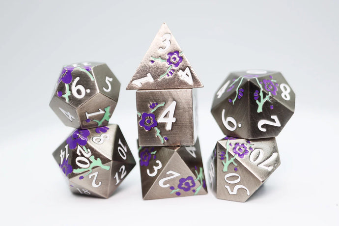 Silver with Purple Orchids RPG Metal Dice Set