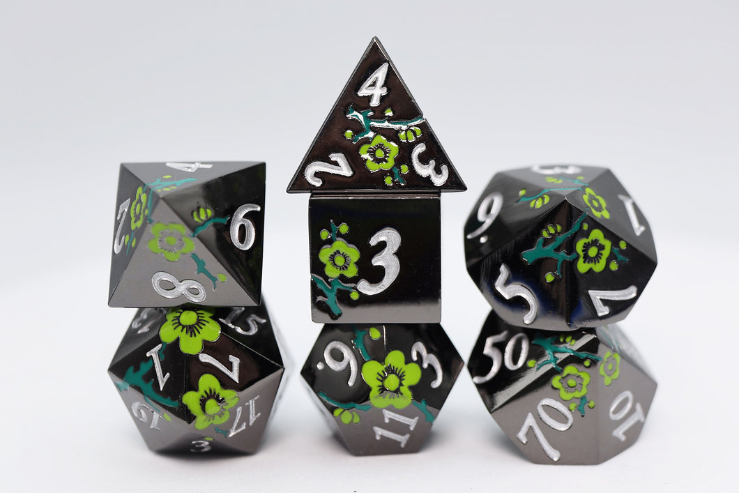 Black with Green Orchids RPG Metal Dice Set